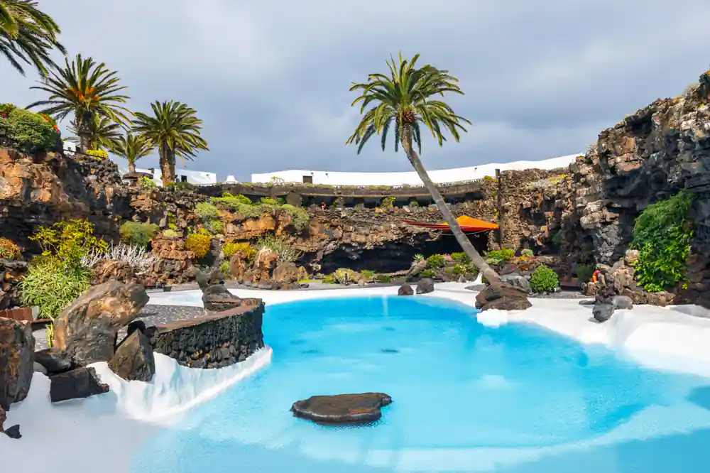 Bright blue pool surrounded by white walls and palm trees