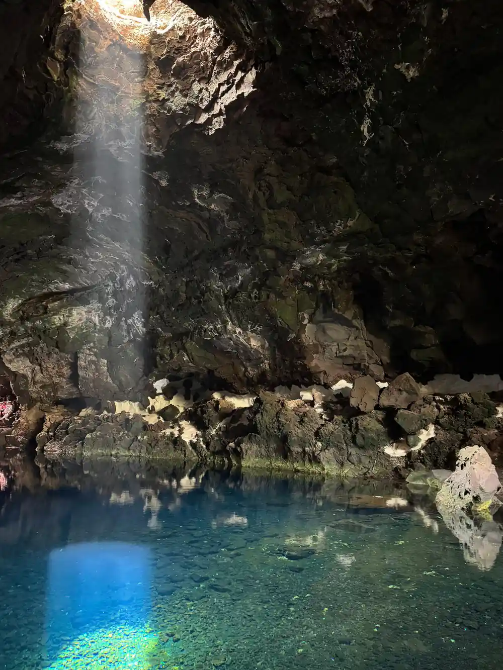 Cave with sunlight illuminating turquoise water below