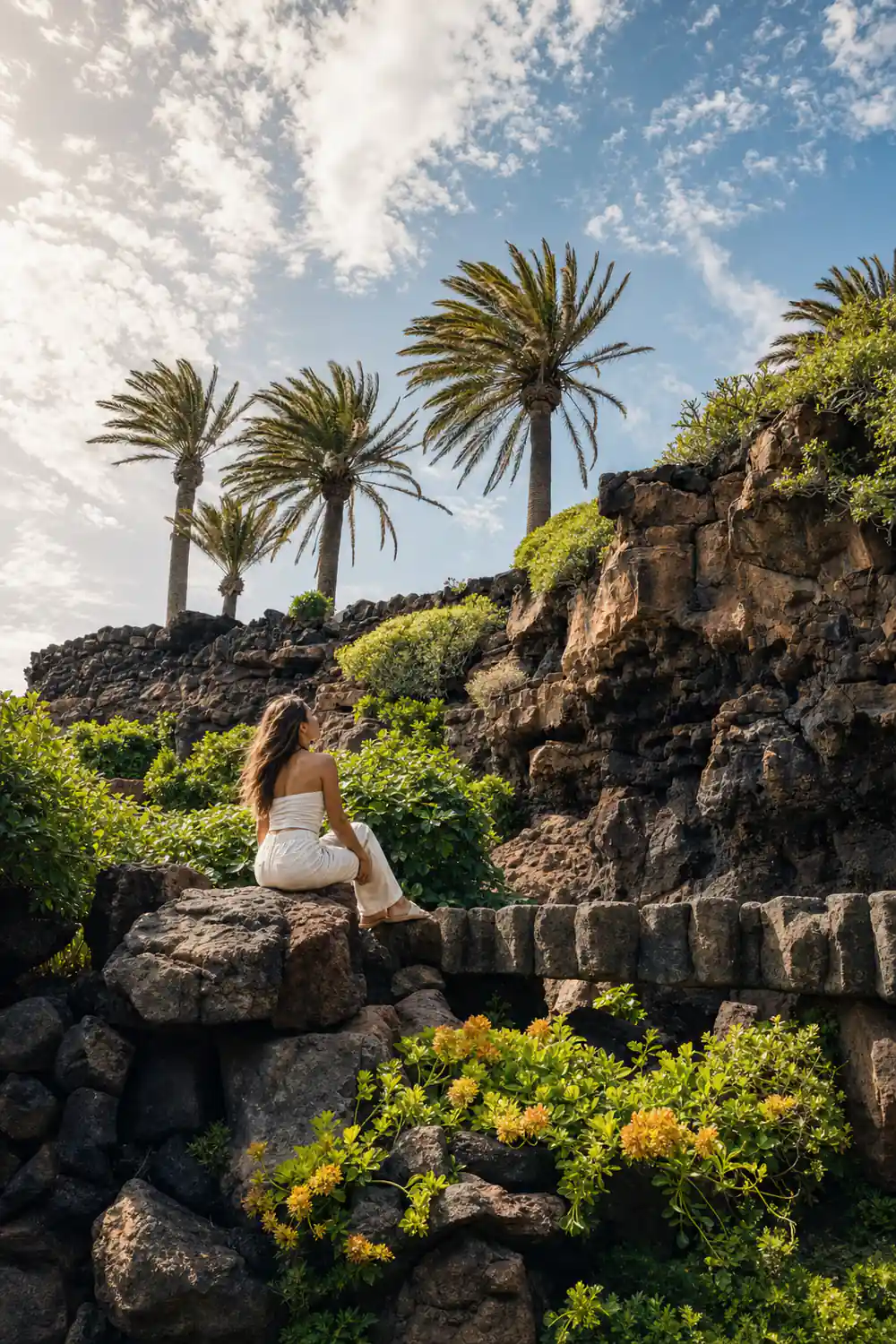 Rocky cave opening with palm trees and yellow flowering shrubs