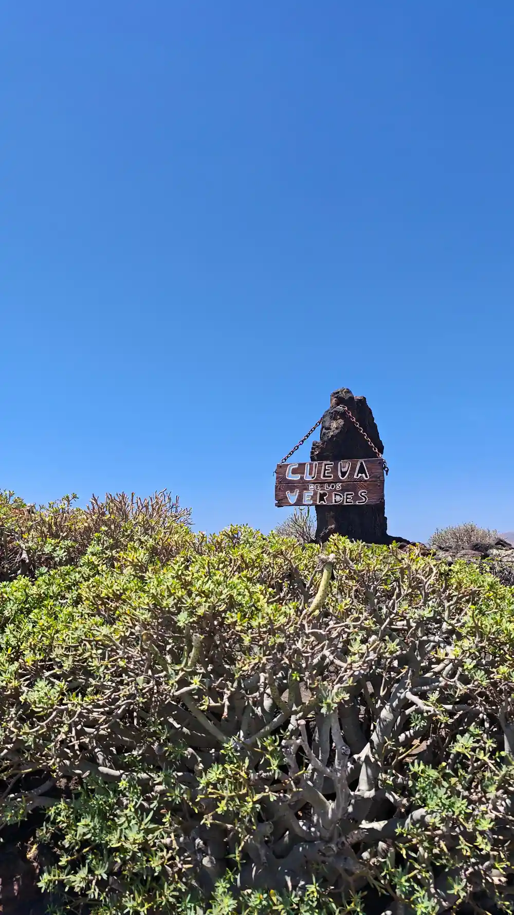 Tall volcanic rock formation with sign among low vegetation