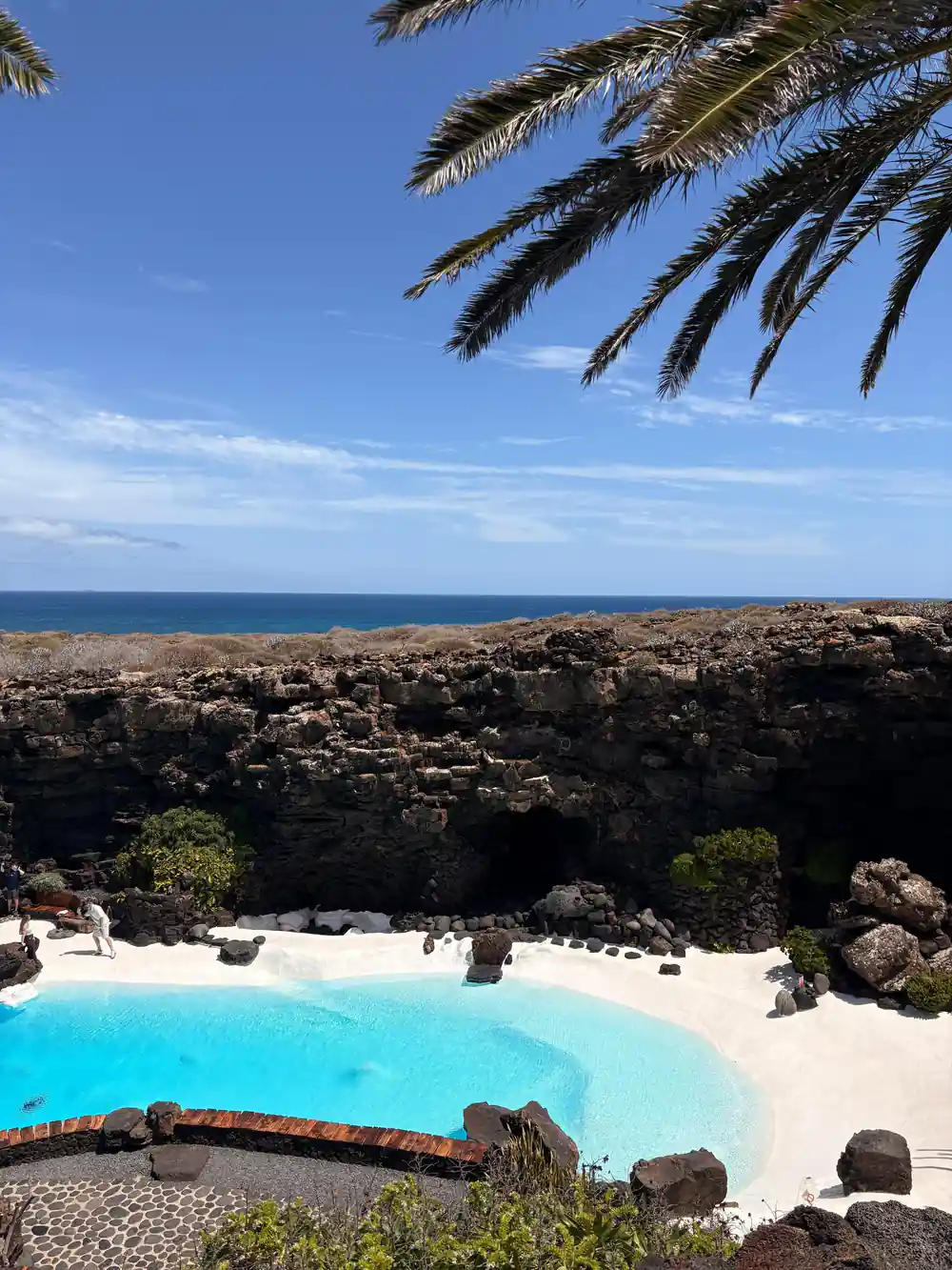 Turquoise pool surrounded by black lava rock and palm trees
