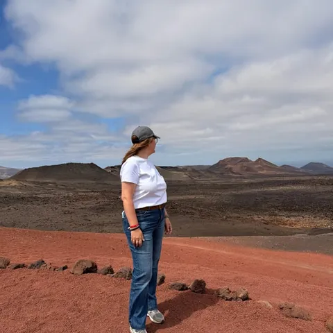 Visitor looking over a red volcanic landscape